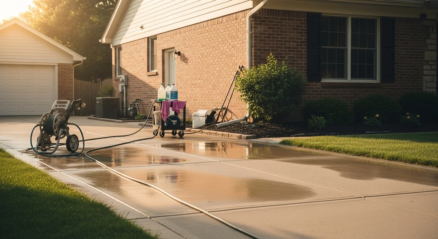 Power washing cleaning exterior building surface