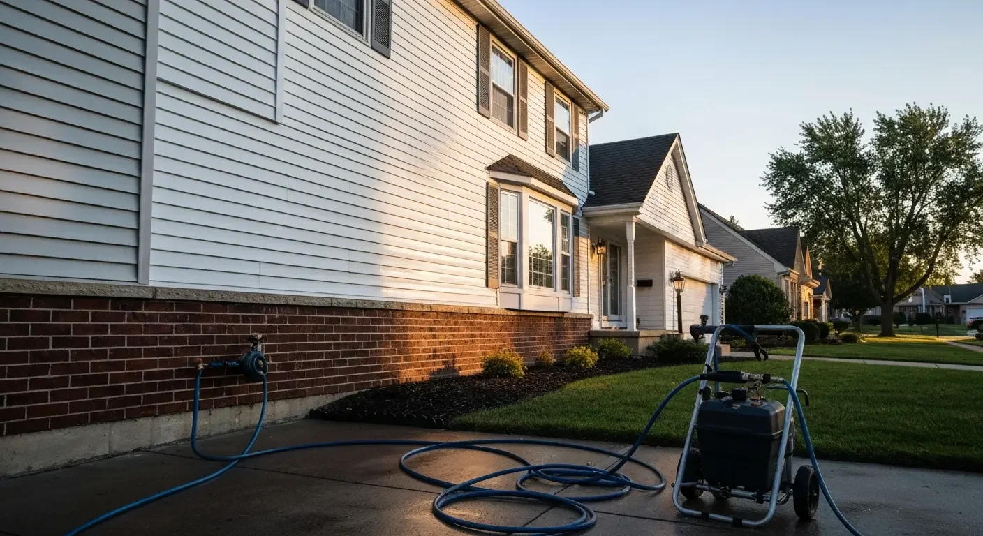 White vinyl siding and red brick home with blue hose and wheeled pressure washer on wet concrete driveway