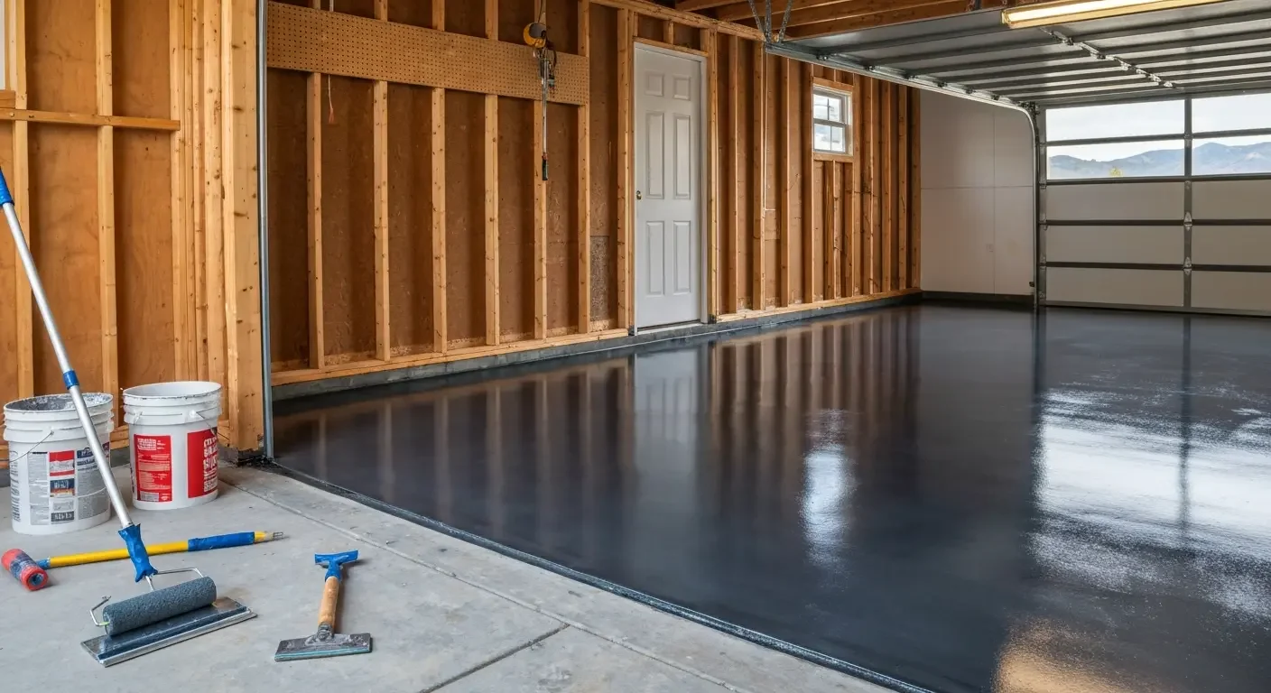 Glossy dark gray epoxy floor coating in a garage with roller, trowel, and buckets on bare concrete