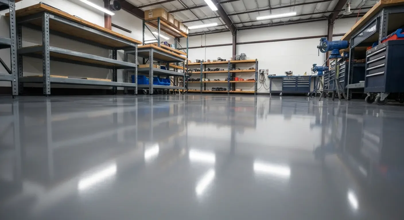 High-gloss gray epoxy floor coating in an industrial workshop with steel shelving and rolling tool cabinets