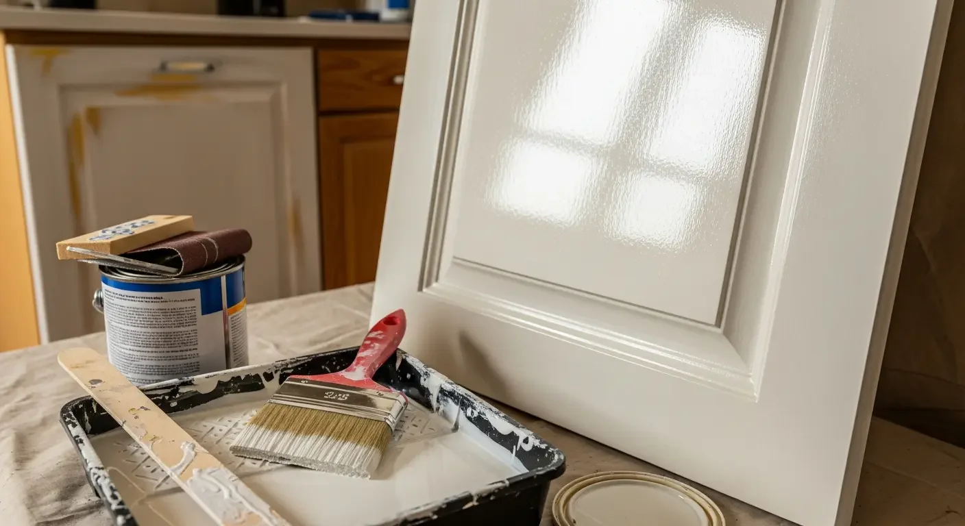 White glossy painted raised-panel cabinet door beside paint can, angled brush, sanding block, and paint tray