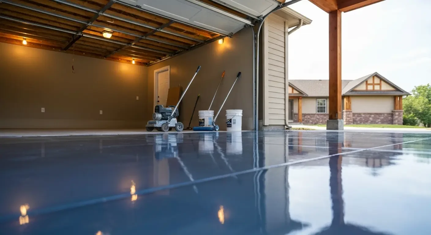 Glossy blue-gray epoxy garage floor coating with floor grinder and paint buckets in a two-car garage