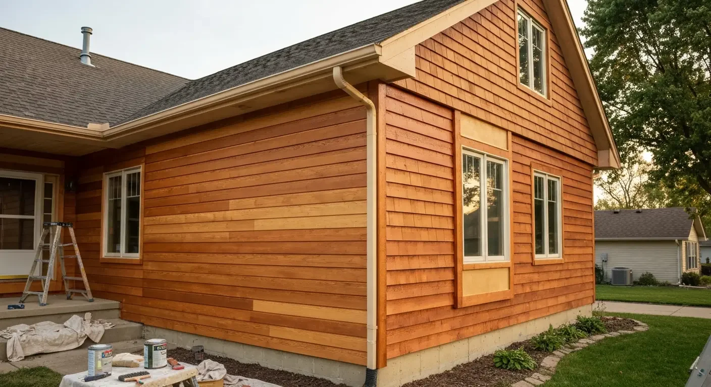 Reddish-brown stained horizontal wood siding with cream trim, paint cans, and drop cloth on exterior