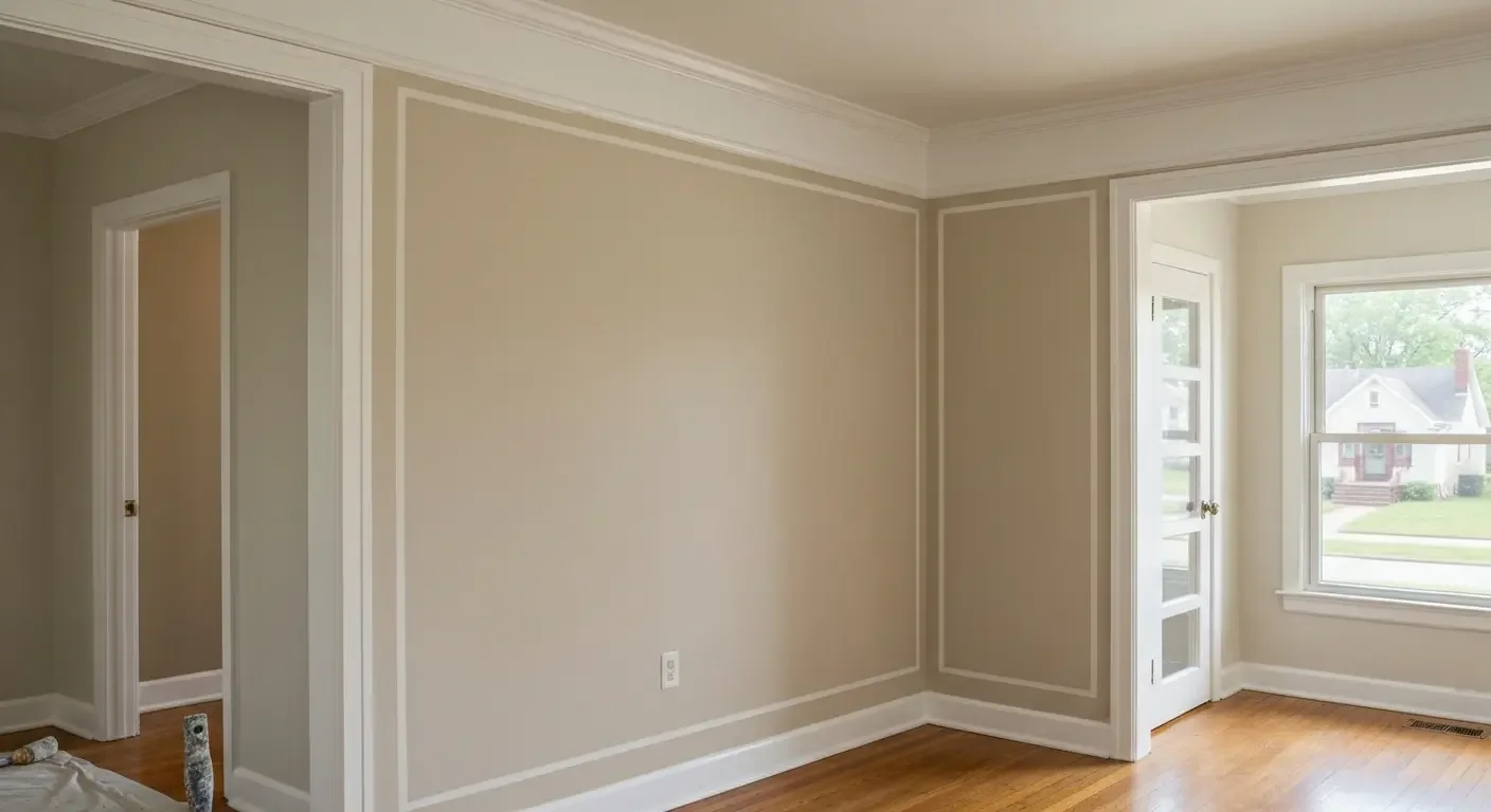 Greige interior walls with cream panel border lines, white crown molding, baseboards, and door casings beside a hardwood floor