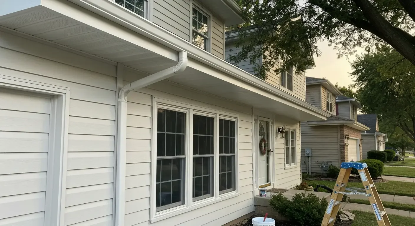 Two-story home with cream lap siding, white soffit, fascia, gutters, and downspout, with a step ladder and paint bucket near the entry.