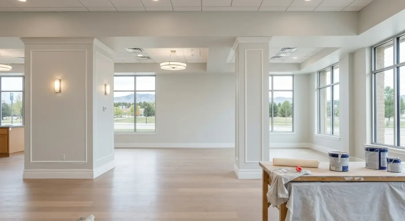 Freshly painted commercial interior with light gray walls, white trim panels on columns, and paint cans on a work table