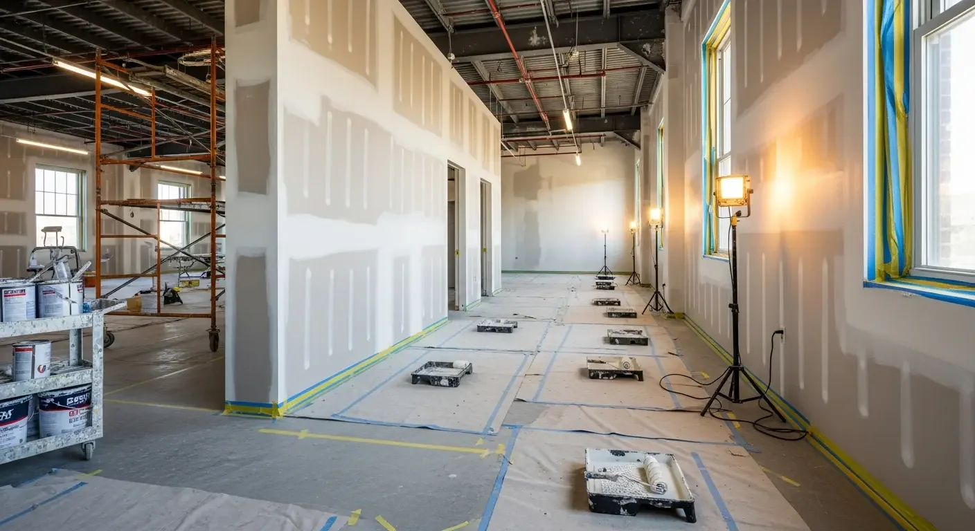 Interior commercial space with finished drywall, taped trim, drop cloths, and paint trays staged for painting