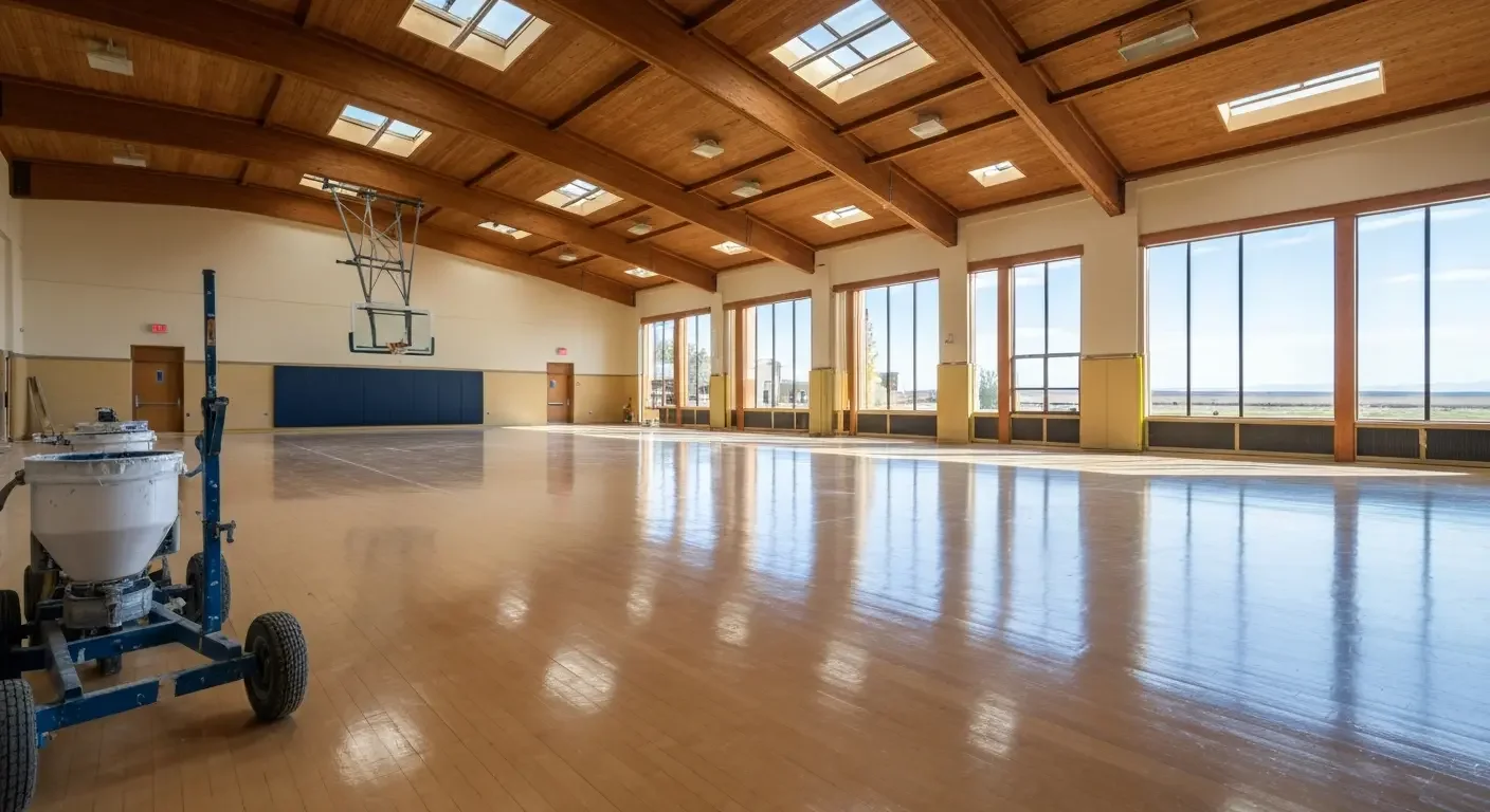 Glossy refinished hardwood gym floor with wheeled coating cart, exposed wood beam ceiling, and skylights