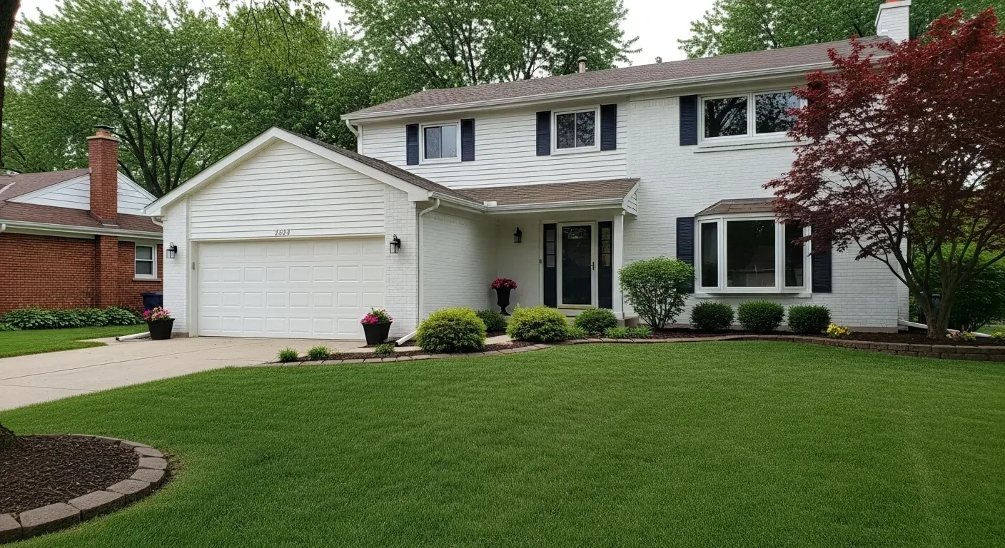 Two-story house with white painted brick and siding, navy shutters and front door, white garage door, and a red maple tree