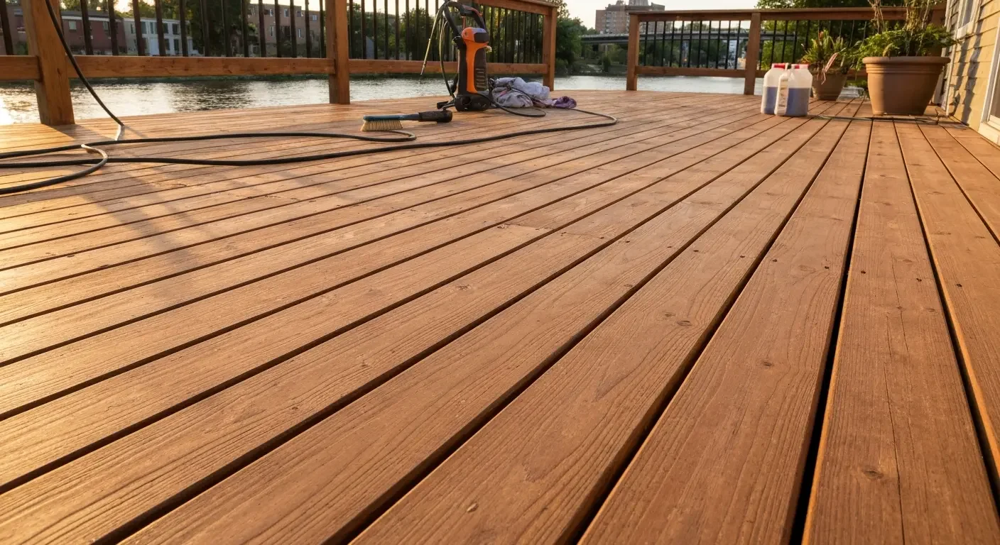 Cleaned wood deck boards with pressure washer, scrub brush, and cleaning solution bottles beside a metal railing
