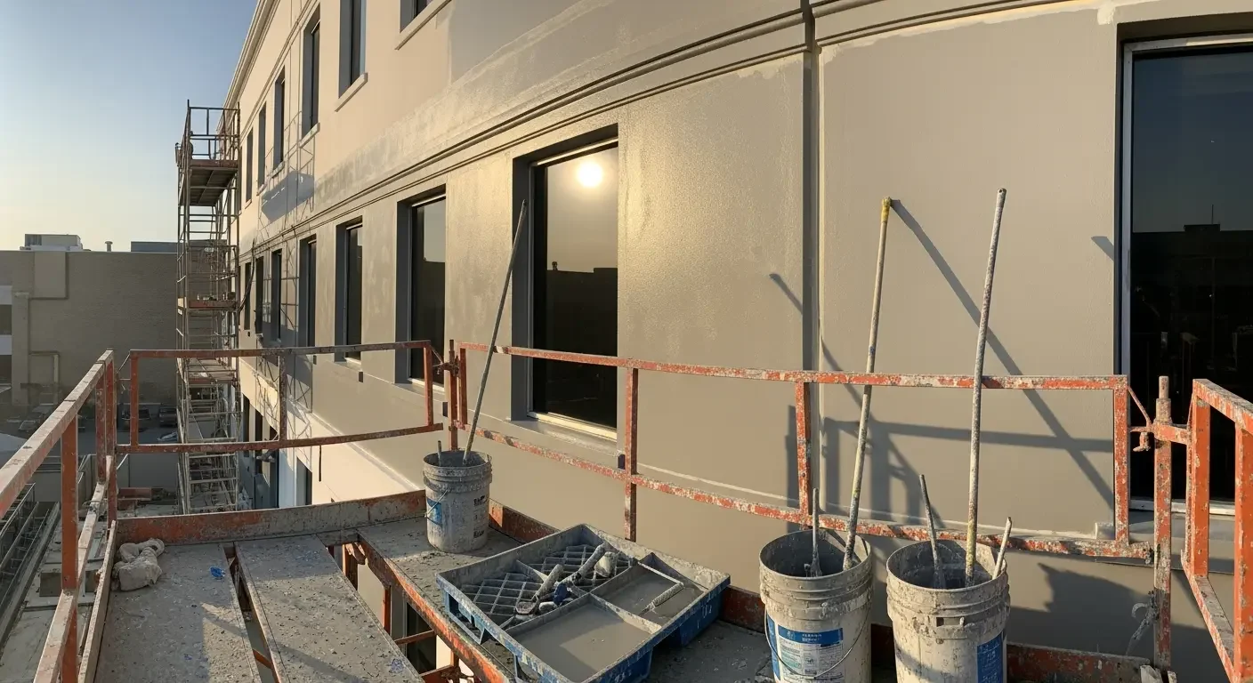 Light gray textured exterior coating on commercial building facade with dark-framed windows, scaffolding, and paint buckets and rollers on work platform