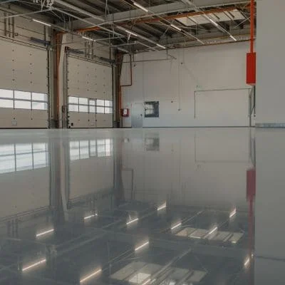 High-gloss gray seamless epoxy floor coating in an industrial warehouse with roll-up doors and exposed overhead piping