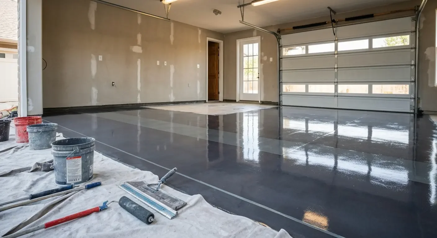 Glossy dark gray epoxy garage floor with masking tape, drop cloth, roller, and paint buckets in an unfinished garage