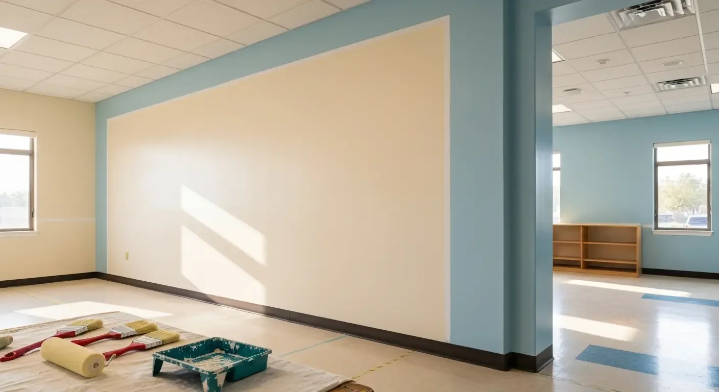Cream and light blue interior walls with dark baseboards, painted in a commercial room with brushes, roller, and paint tray on drop cloth