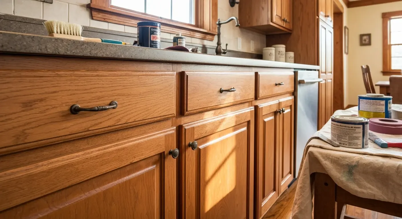 Oak kitchen cabinets with raised panel doors, bronze pulls, and paint supplies on drop cloth
