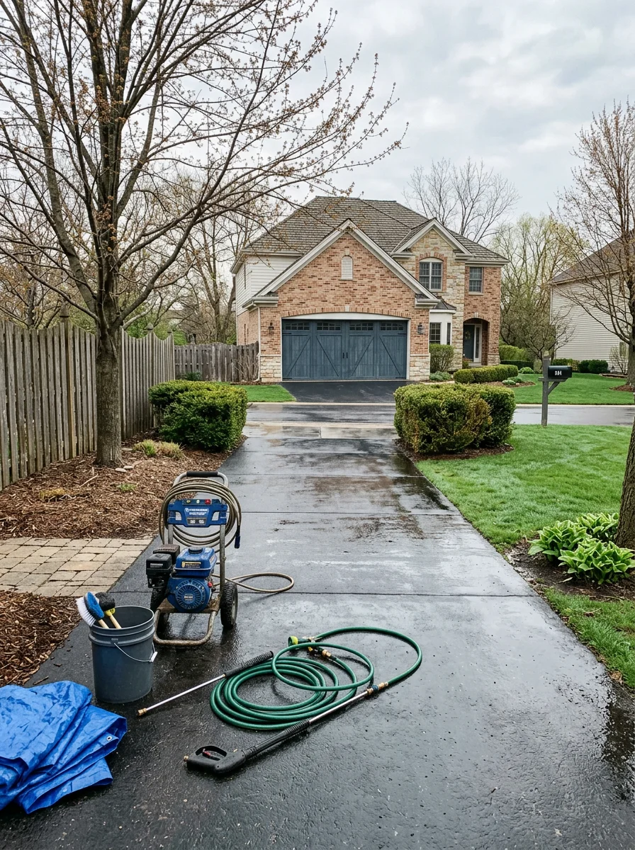 Power washing a residential driveway in Burr Ridge, IL