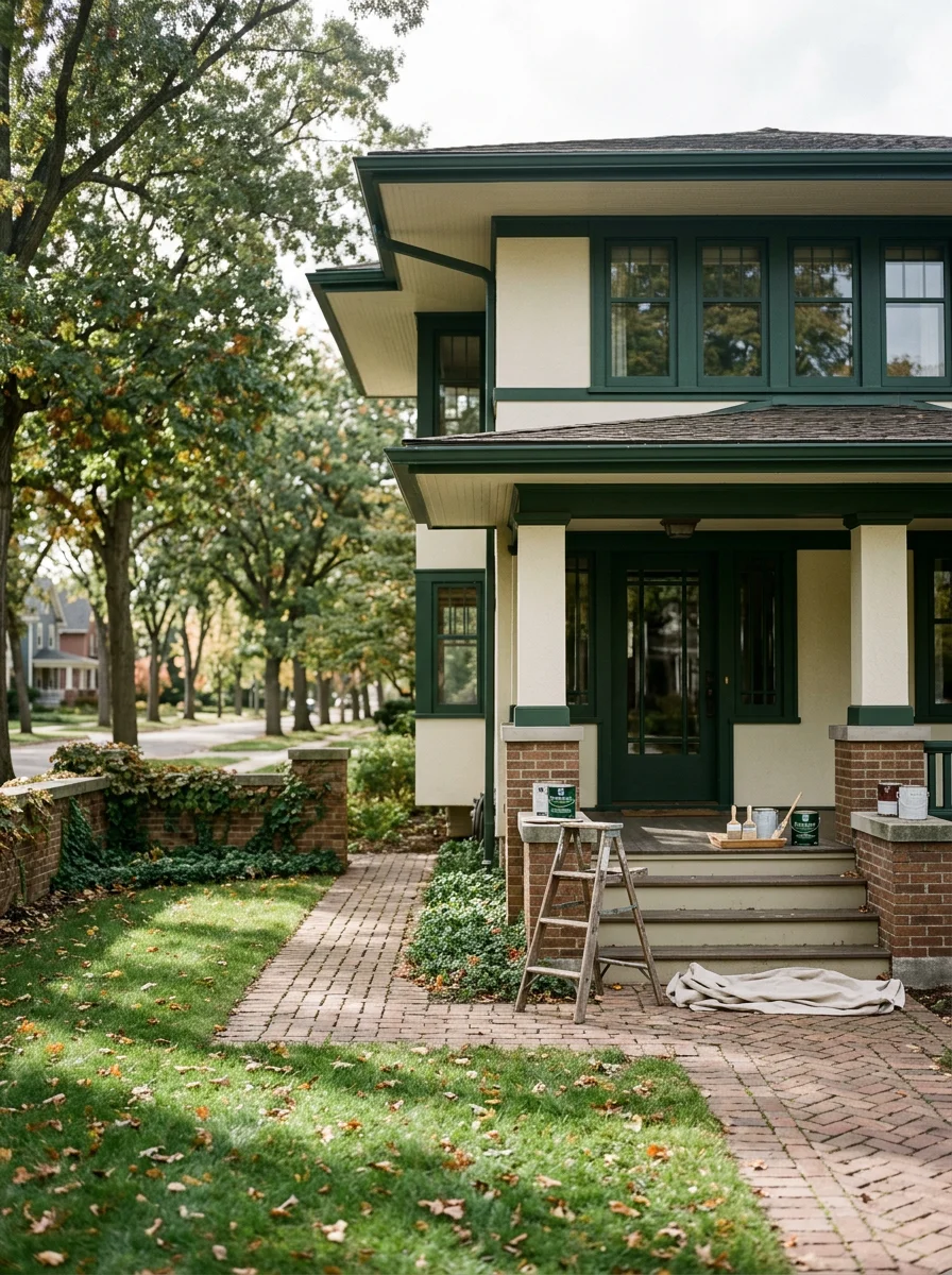 Restored Prairie School style home with fresh exterior paint on a tree-lined Geneva street