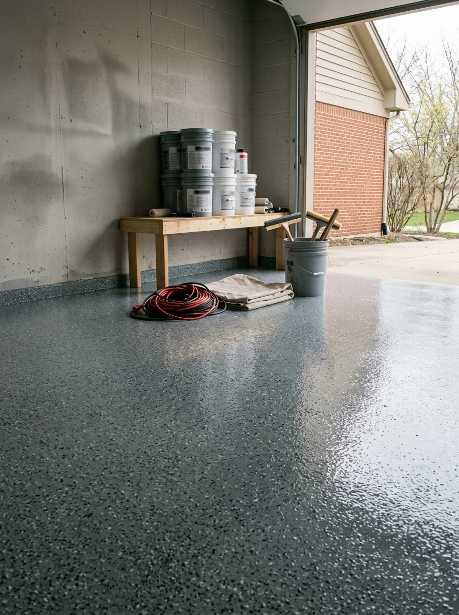 Epoxy-coated garage floor in a Glen Ellyn residential garage