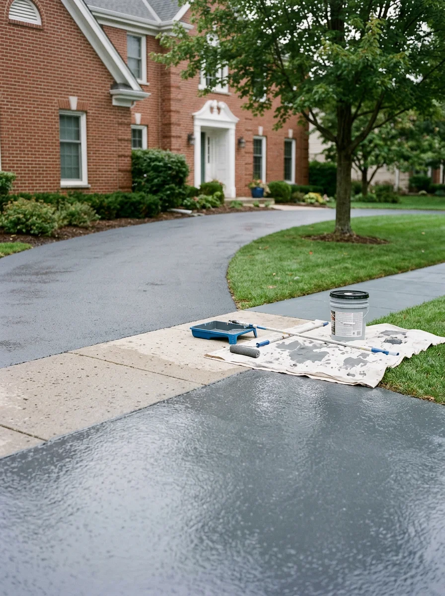Painter applying coating to a driveway and garage area of an Oak Brook, Illinois home