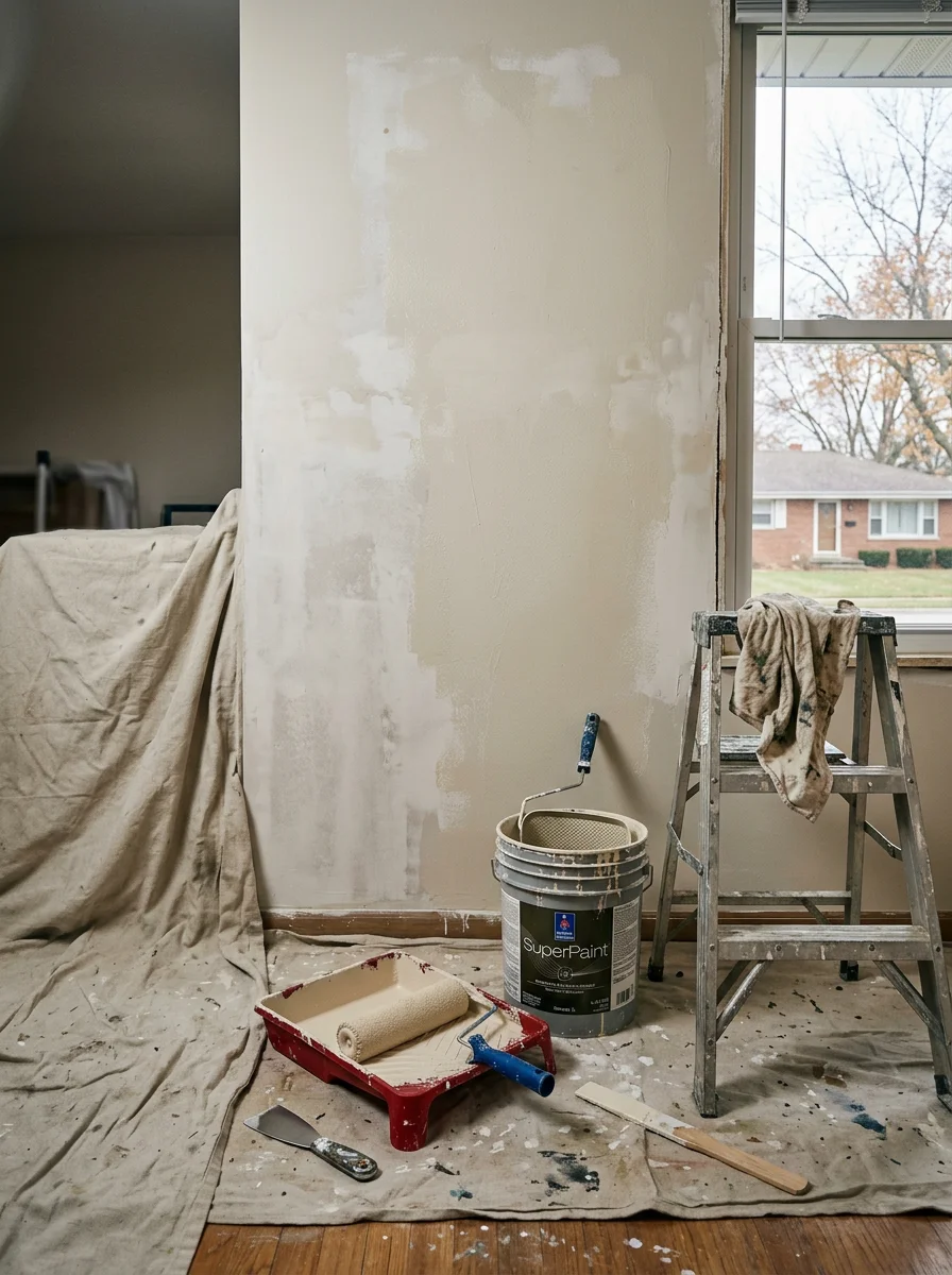 Painter applying interior wall paint to drywall during a residential job in Oswego, IL