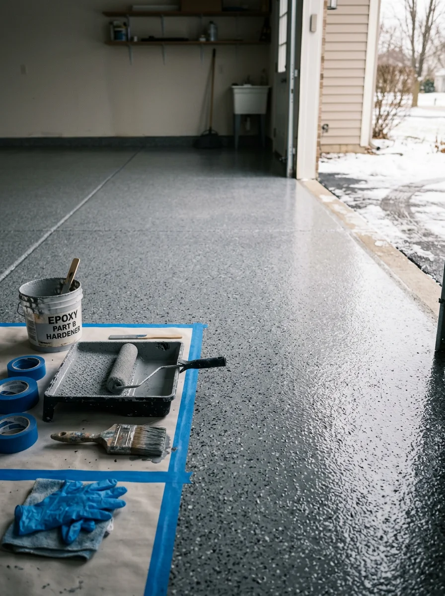 Epoxy-coated garage floor being finished in a Sugar Grove, IL residence