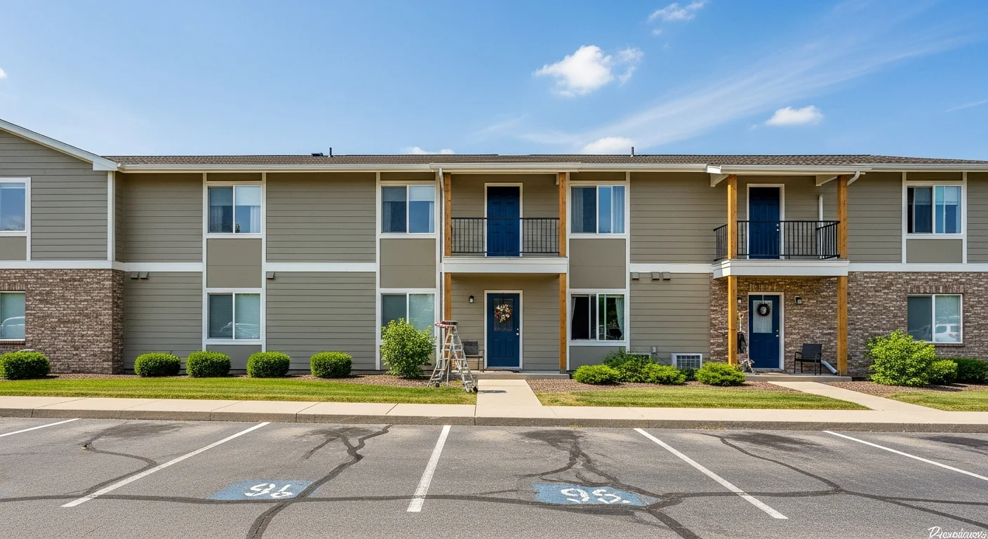 Freshly painted multi-story apartment complex exterior in Burridge, IL showing clean siding, uniform trim color, and painted stairwell enclosures. B A Painting LLC crew equipment visible at base of building during active exterior painting project.