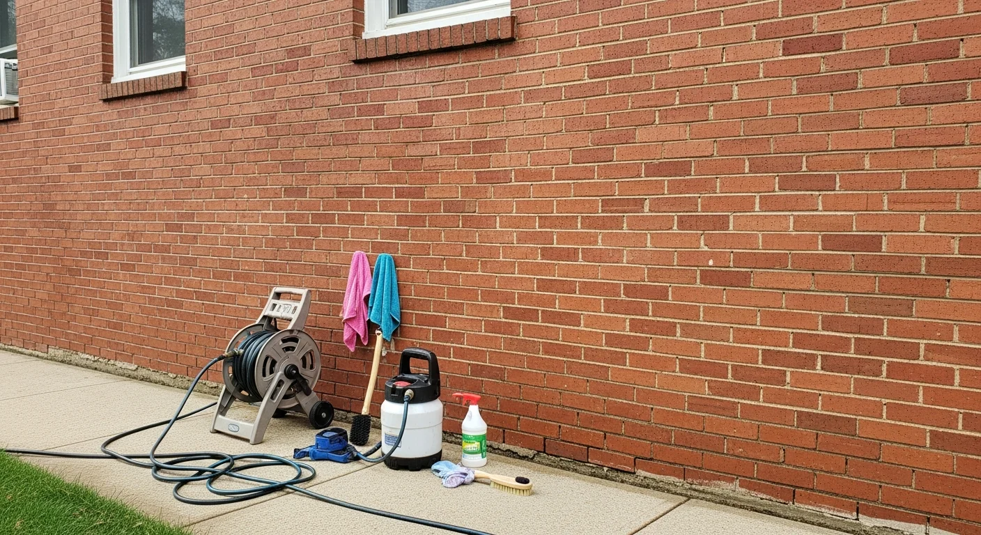 A two-story residential building exterior in Burridge, IL showing clean brick and siding after professional exterior cleaning by B A Painting LLC. Green algae staining and dark mold streaks have been removed from the north-facing wall and entry area.