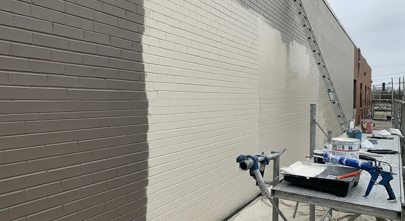 Freshly painted exterior of a commercial building in Burridge, Illinois, showing clean masonry and trim with a uniform professional finish. B A Painting LLC crew equipment visible near the Dearborn Avenue property during an exterior coating project.