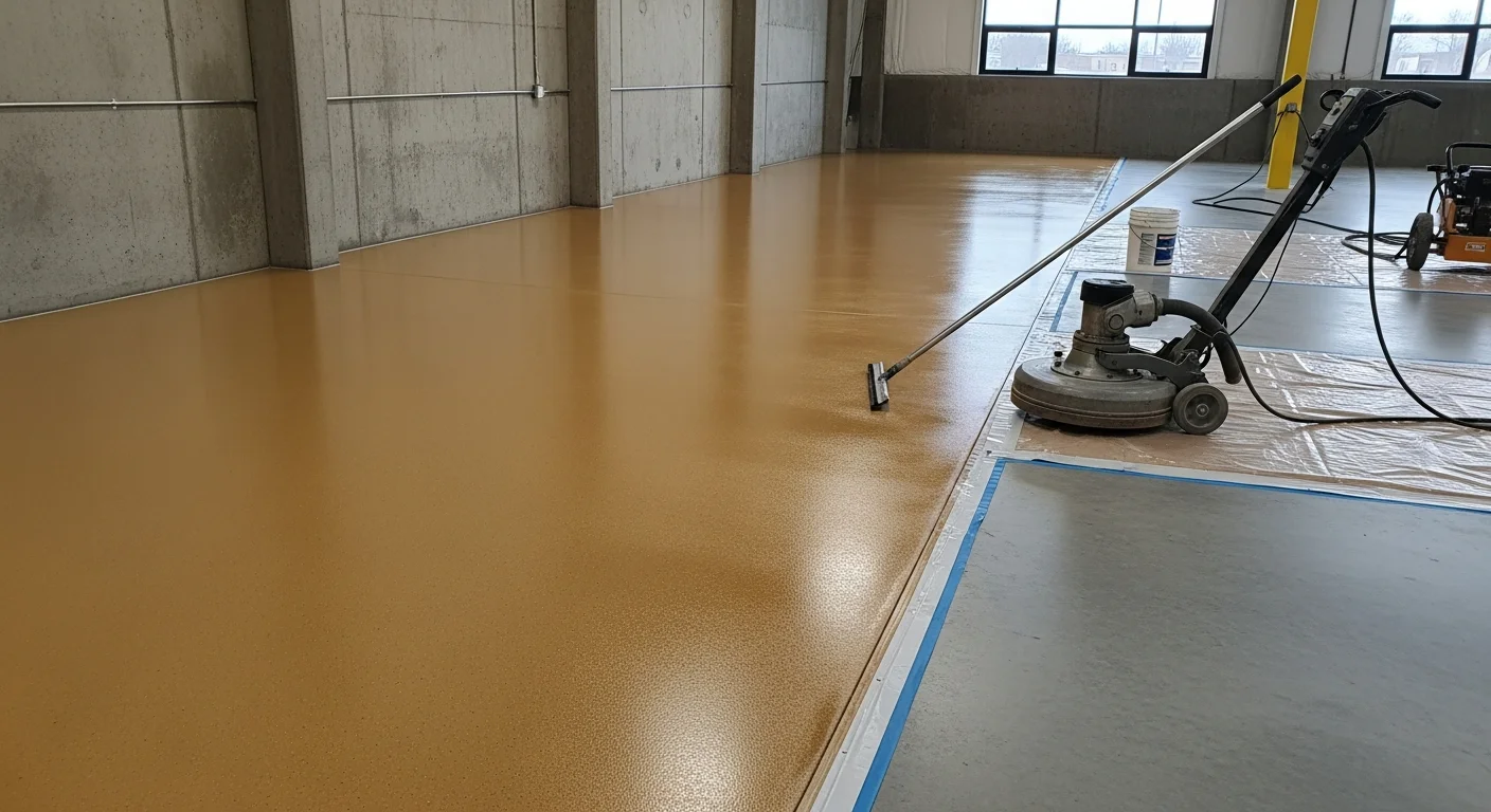 Freshly coated commercial concrete floor inside a Burridge, Illinois warehouse facility showing a smooth, light-gray seamless surface. The coating extends across the full floor area with no visible cracks or staining on the prepared slab.