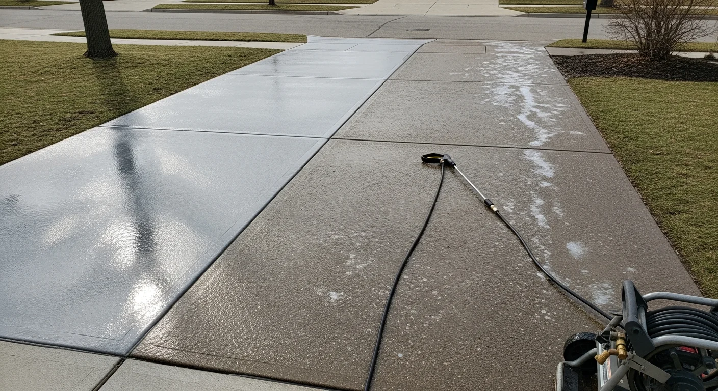 A concrete residential driveway in Aurora, Illinois shown after professional pressure washing, with clean surface edges and no visible oil stains or mold discoloration. The driveway apron meets a quiet suburban street typical of the Burr Ridge and 60505 area.