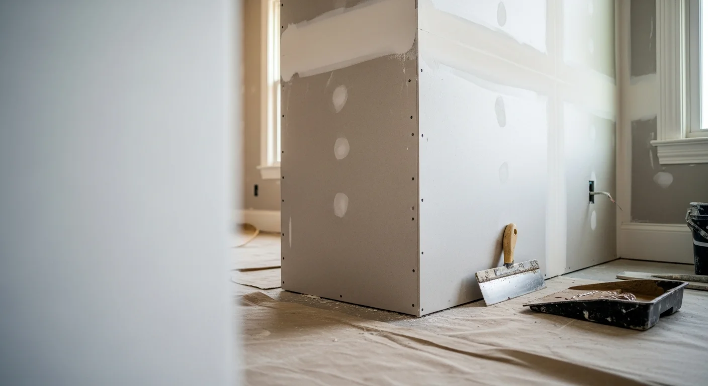A freshly finished drywall wall in an Aurora, Illinois home showing smooth, seamless surfaces with no visible seams or fastener marks, ready for paint. The room reflects a completed multi-coat taping and mudding process by B A Painting LLC.