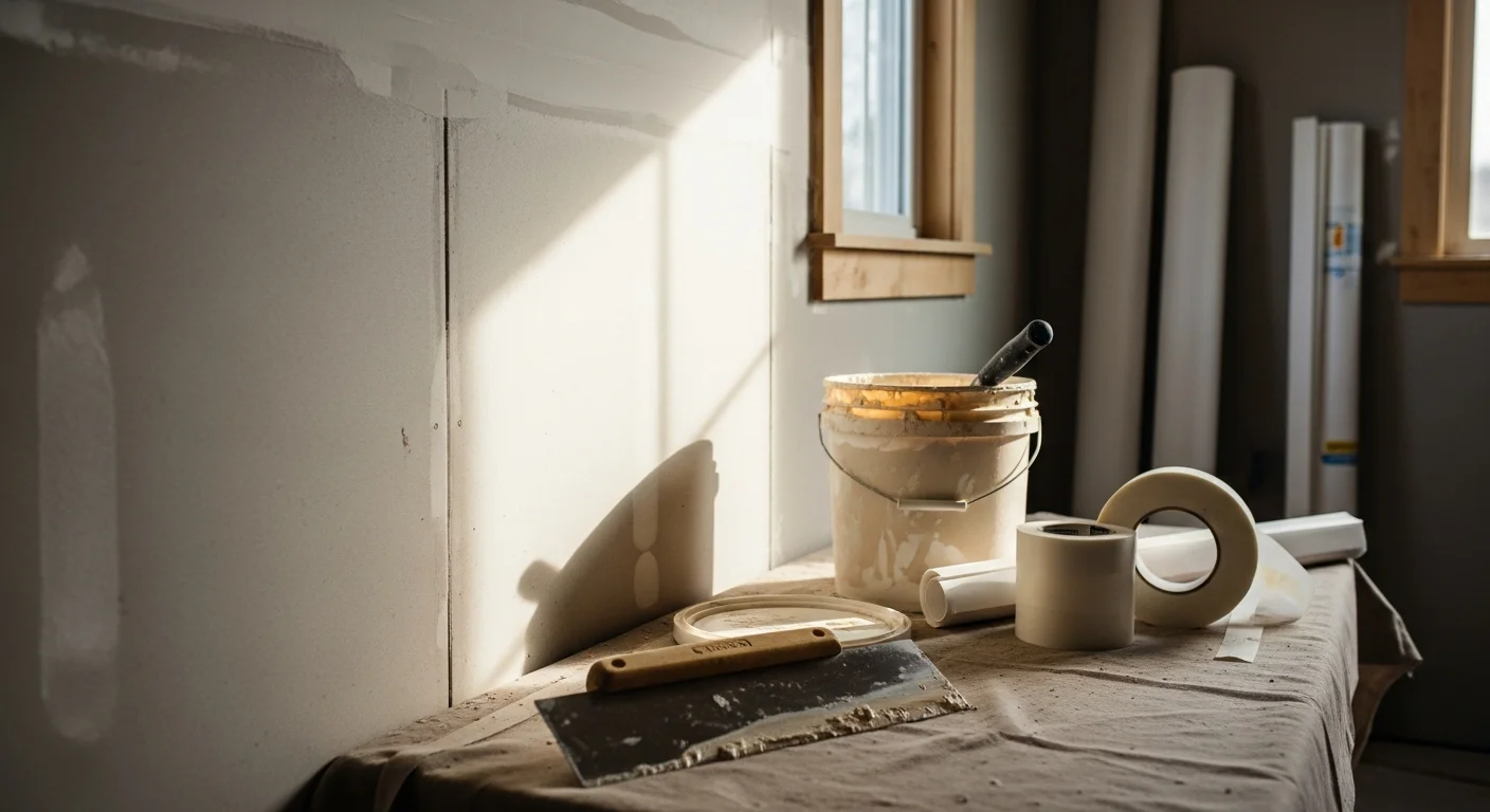 Freshly installed and taped drywall covering the walls of a bedroom in an older single-family home in Aurora, Illinois. Smooth seams and finished corners are visible, with the surface ready for primer and paint.