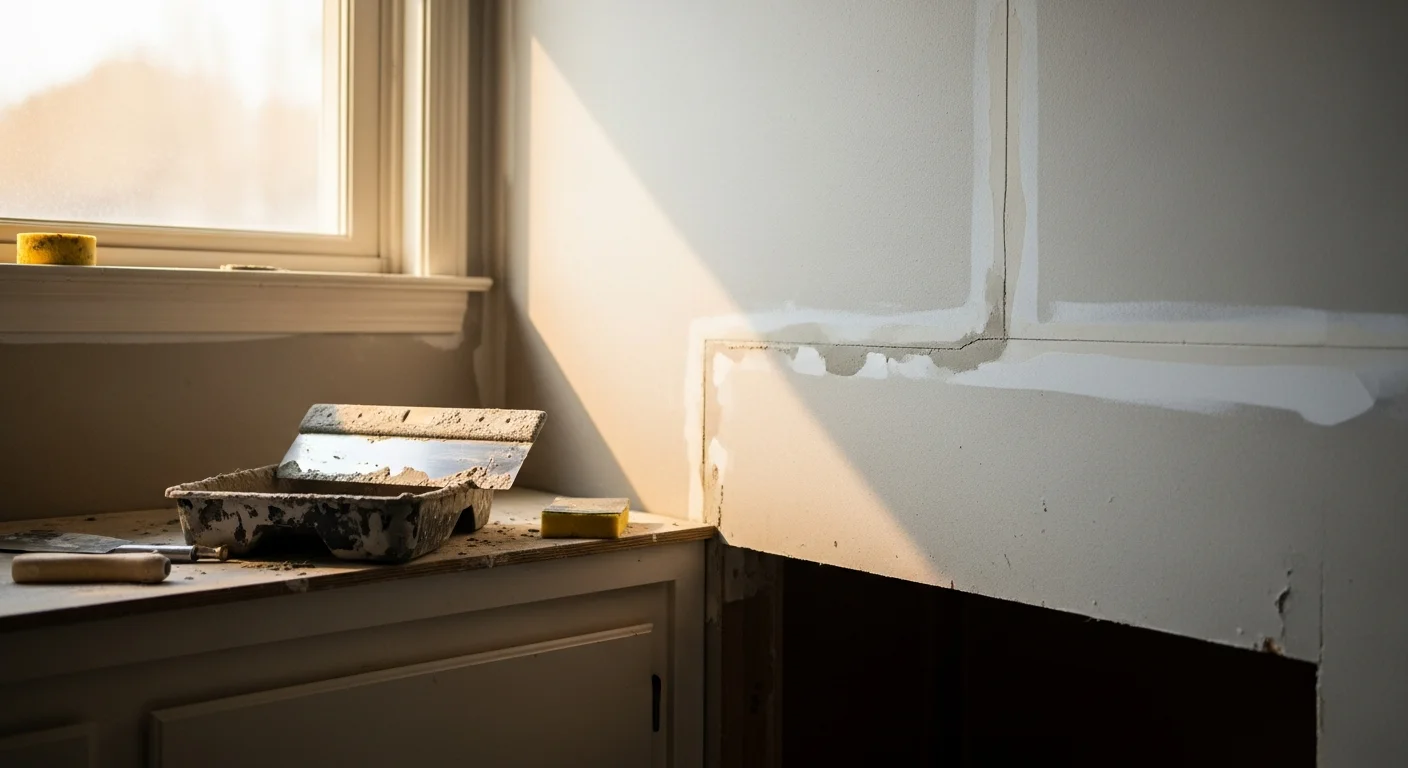 A freshly repaired interior wall in an Aurora, Illinois home showing a smooth, texture-matched drywall patch that is paint-ready. The repair covers a previously damaged section near a door frame in a mid-century single-family home.