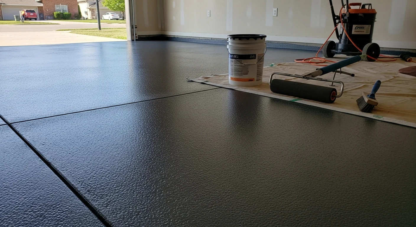 Freshly installed epoxy floor coating on a residential garage slab in Aurora, Illinois, showing a smooth, glossy surface with no cracks or staining. The sealed concrete reflects overhead lighting and shows the finished result of a professional epoxy floor installation by B A Painting LLC.