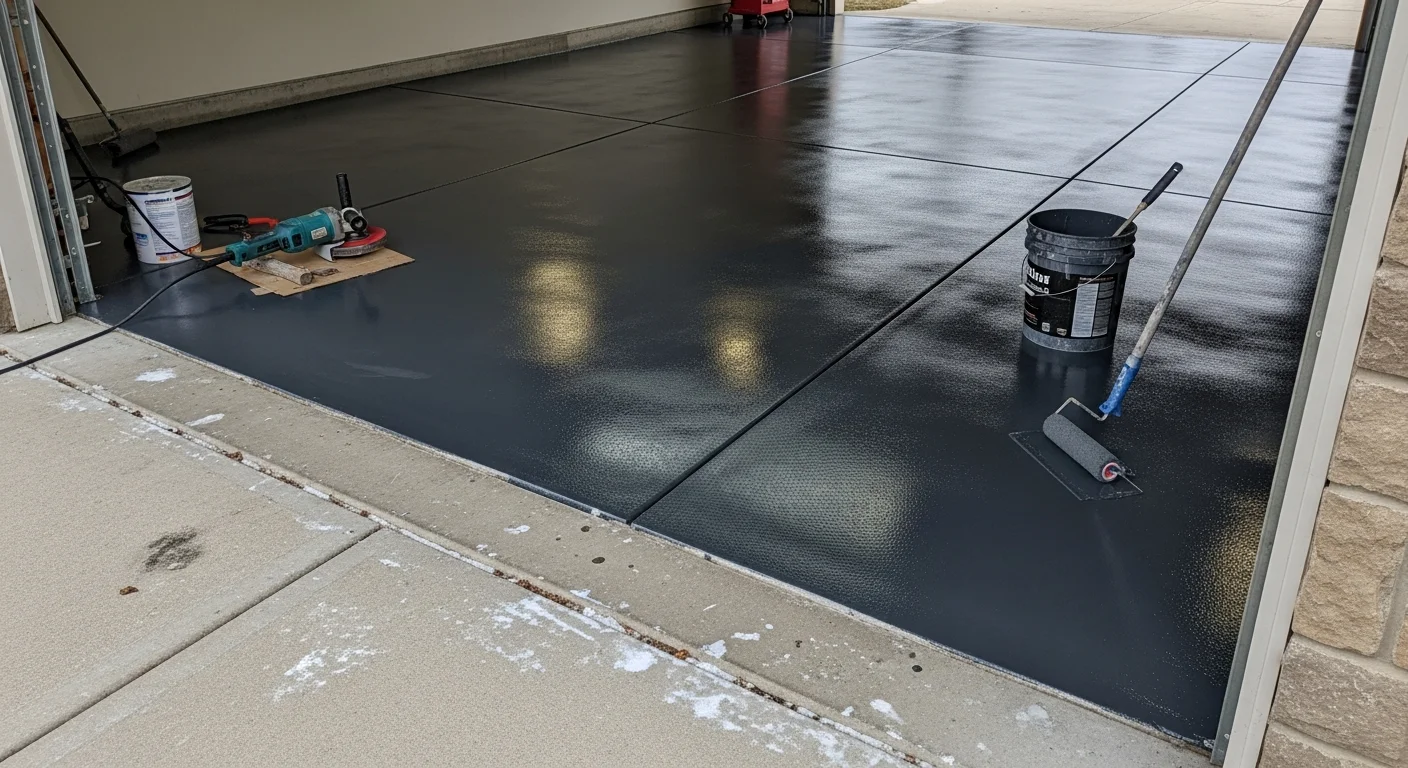 Freshly applied glossy epoxy coating on a two-car garage floor in Burridge, Illinois, with clean gray surface and smooth sealed finish. The concrete shows no staining, cracking, or dust, with sharp floor-to-wall edges throughout the space.
