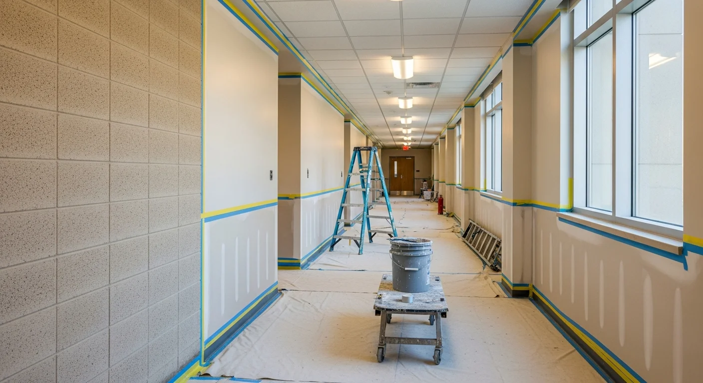 Interior corridor of an institutional building in the Burridge, IL area with freshly painted walls in a neutral tone, showing clean edges along door frames and baseboards. A professional painter from B A Painting LLC applies a second coat to a high-traffic hallway wall using a commercial-grade roller.