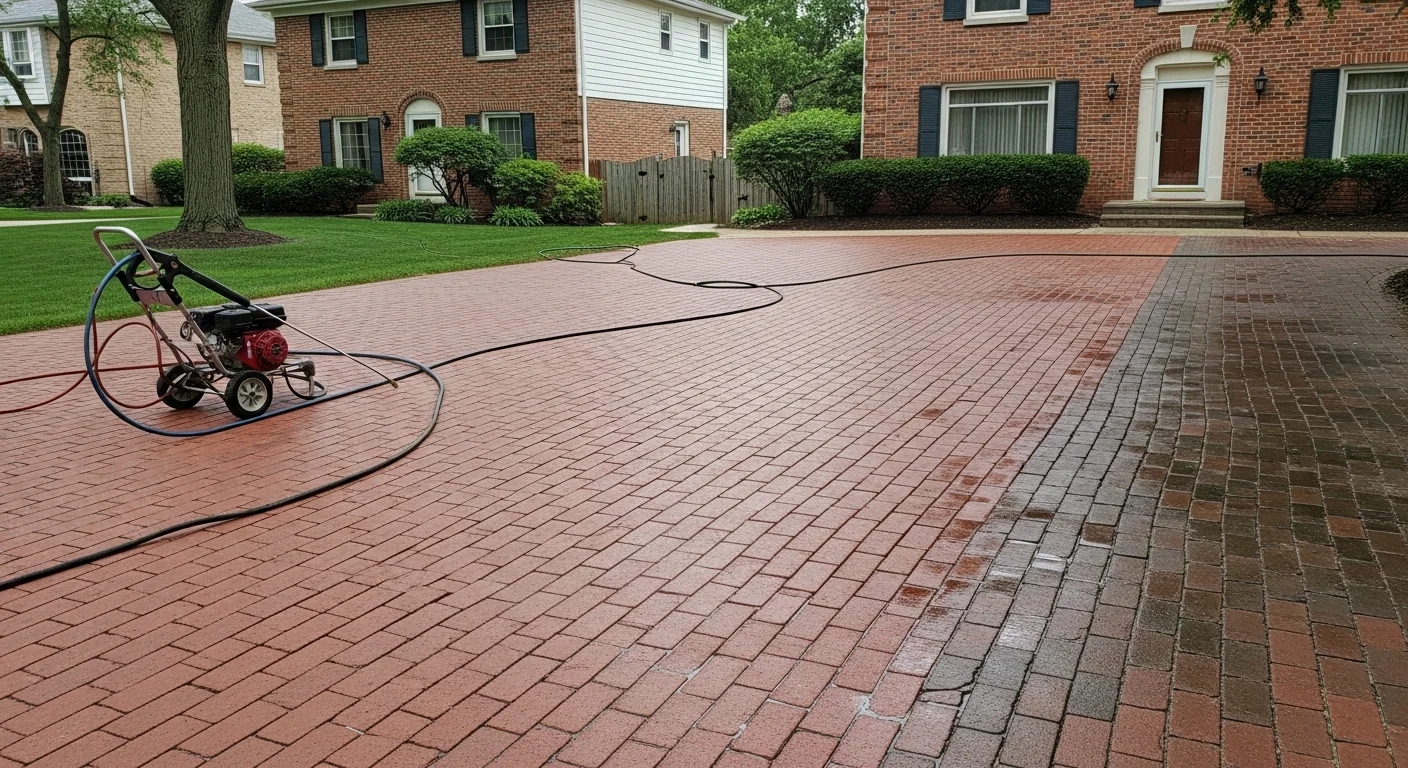 A power washing technician cleaning a concrete driveway at a brick home in Burr Ridge, IL, with dark staining and algae being removed from the surface. The cleaned section of the driveway shows a sharp contrast against the dirty area still being treated.