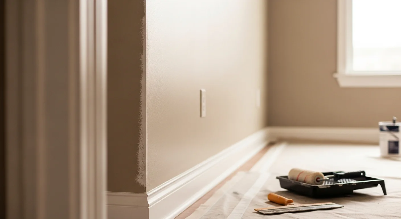 Interior living room walls freshly painted in a neutral tone inside a residential home in Aurora, IL. Clean cut lines frame white trim and a painted ceiling in a mid-century single-family house.