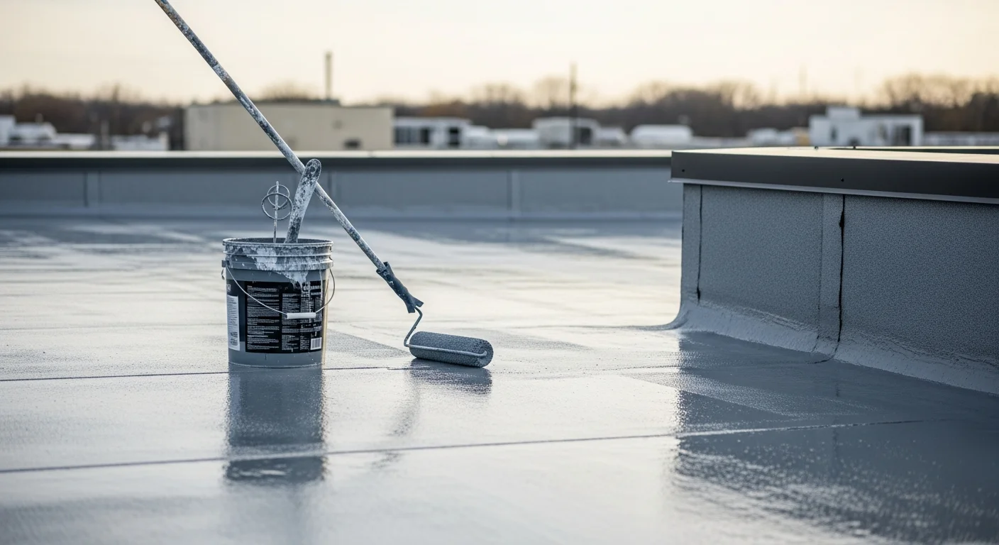A flat commercial roof on a Burridge, IL building with a freshly applied protective coating covering the full surface. The coating shows a smooth, uniform finish across the low-slope membrane in an Illinois suburban setting.